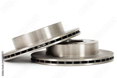 A pair of ventilated car brake discs, isolated on white background