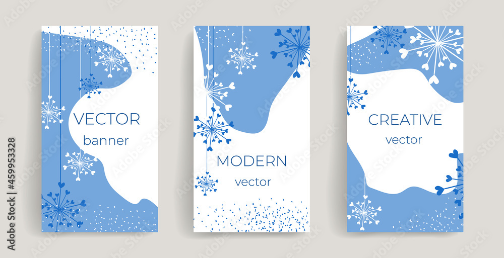 Stylish vector set with abstract snowflakes and tiny hearts. Delicate blue and white texture. Elegant design for winter holidays, social media posts, stories, cards, banners, posters, greetings