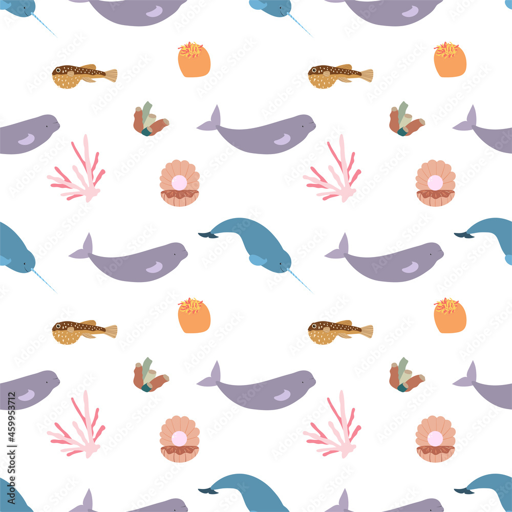 Sea animal seamless pattern with beluga, narwhale, seashell with pearl, coral. Undersea world habitants print. Hand drawn underwater life vector illustration. Funny cartoon marine animals character
