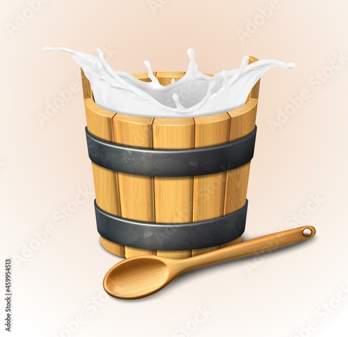 3d realistic vector icon. Wooden rustic bucket. Milk splash. Natural yogurt. Wooden spoon.