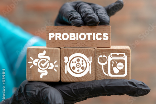 Medical concept of probiotics bacteria. Bifidobacterium, lactobacillus, streptococcus thermophilus, lactococcus, propionibacterium microbiome. Microbiota. Gastrointestinal health. photo