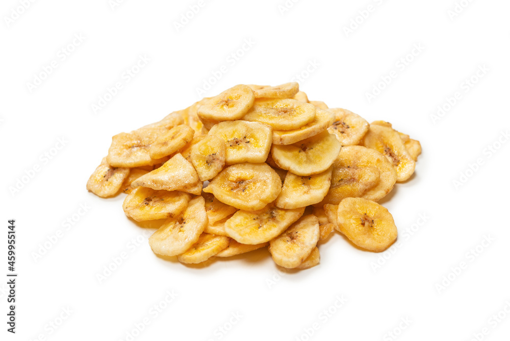 Banana chips isolated on a white background. Dehydrated banana. Banana chips isolated on a white background. Dehydrated banana.