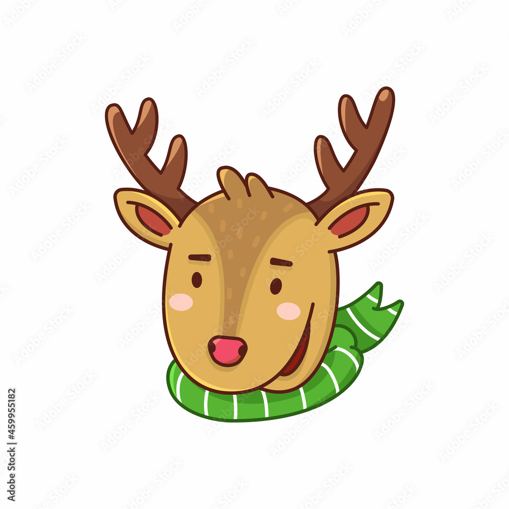 Portrait of Christmas deer wearing warm scarf. Holiday clipart in cartoon style isolated on white background Portrait of Christmas deer wearing warm scarf. Holiday clipart in cartoon style isolated on white background