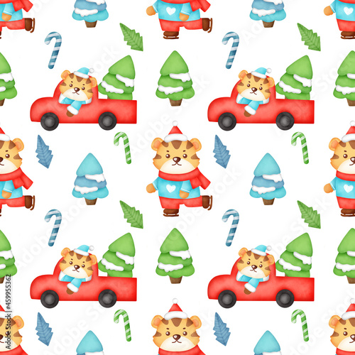 watercolor Seamless pattern with a cute christmas tigers . © Nattapohn