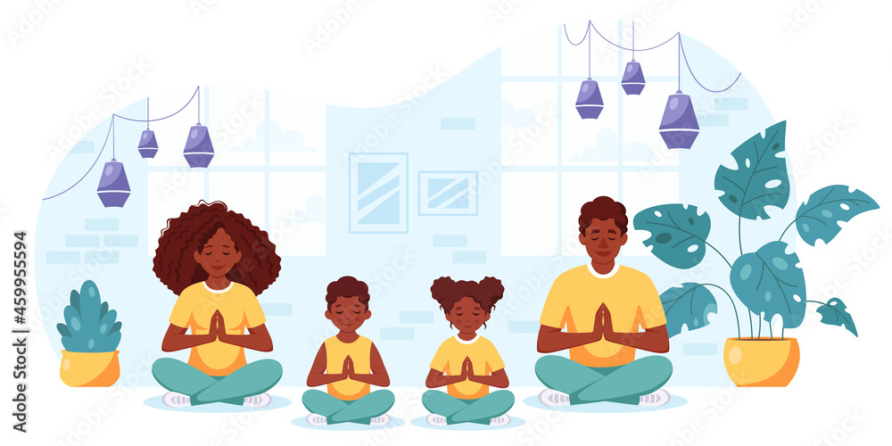 African american family doing yoga in cozy interior. Family spending time together. Vector illustration