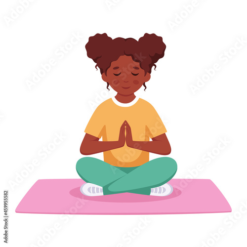 Black girl meditating in lotus pose. Gymnastic, meditation for children. Vector illustration