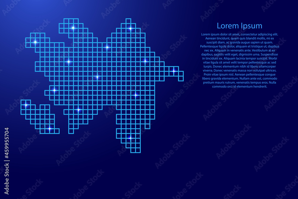 Azerbaijan map silhouette from blue mosaic structure squares and glowing stars. Vector illustration.