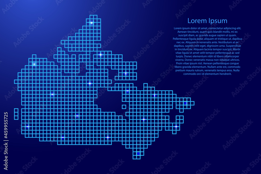 Canada map silhouette from blue mosaic structure squares and glowing stars. Vector illustration.