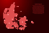 Denmark map silhouette from red square pixels and glowing stars. Vector illustration.