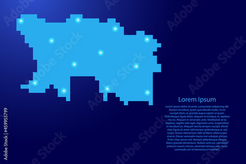 Jersey map silhouette from blue square pixels and glowing stars. Vector illustration.