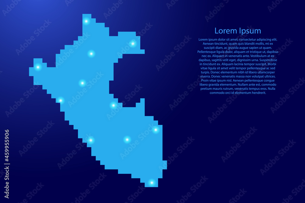 Peru map silhouette from blue square pixels and glowing stars. Vector illustration.