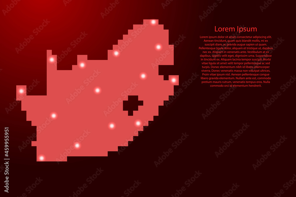 South Africa map silhouette from red square pixels and glowing stars. Vector illustration.