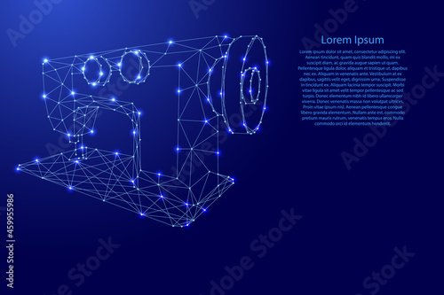 Sewing machine from futuristic polygonal blue lines and glowing stars for banner, poster, greeting card. Vector illustration.