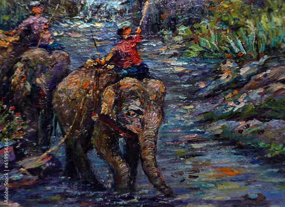 Fototapeta premium Art painting Oil color Elephant family thailand