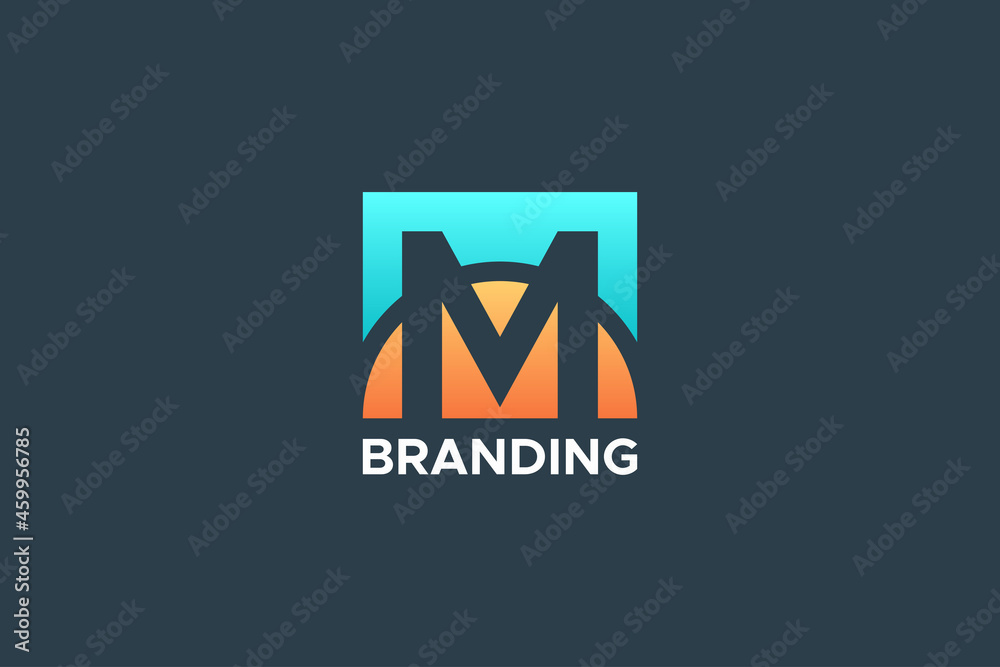 Initial Letter M Logo. Blue and Red Square Shape with Negative Space M Letter inside isolated on Dark Blue Background. Flat Vector Logo Design Template Element for Business and Branding Logos. Initial Letter M Logo. Blue and Red Square Shape with Negative Space M Letter inside isolated on Dark Blue Background. Flat Vector Logo Design Template Element for Business and Branding Logos.