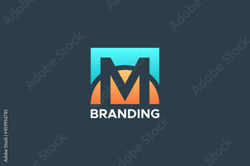 Initial Letter M Logo. Blue and Red Square Shape with Negative Space M Letter inside isolated on Dark Blue Background. Flat Vector Logo Design Template Element for Business and Branding Logos.