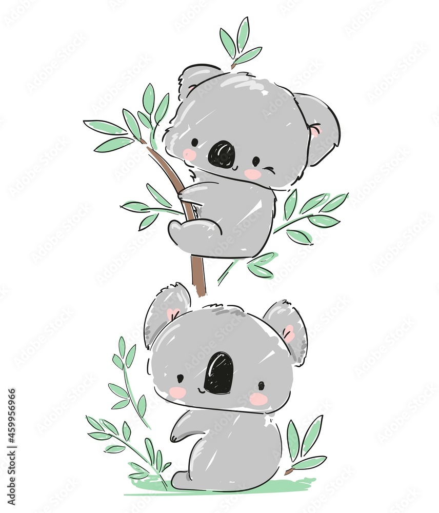 Hand drawn Cute koala with green leaves isolated on white background ...