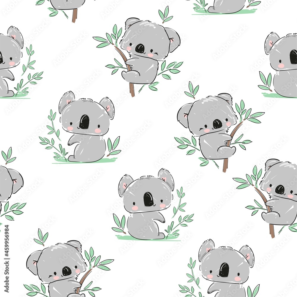 Koala and green leaves eucalyptus pattern seamless. Print design for textile. Cute childish background. Koala and green leaves eucalyptus pattern seamless. Print design for textile. Cute childish background.