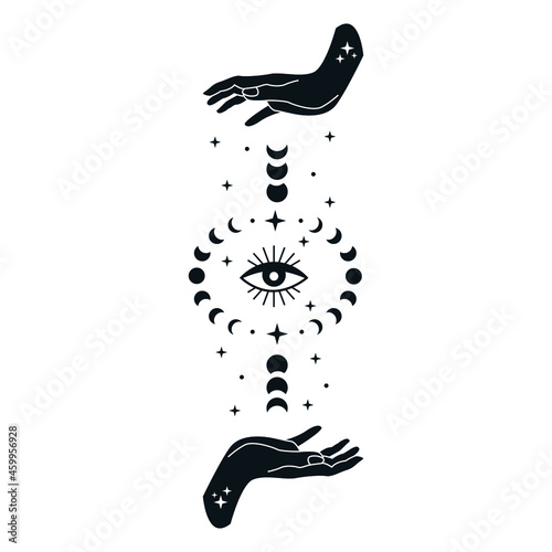 witch hands with evil eye and moon phase