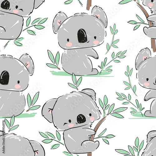 Koala and green leaves eucalyptus pattern seamless. Print design for textile. Cute childish background.