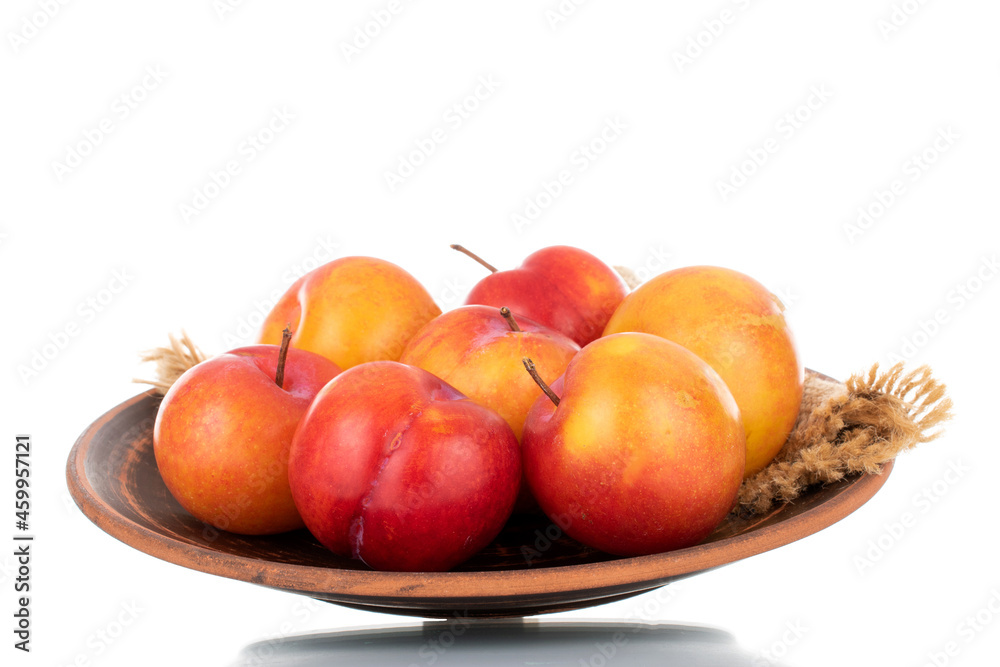 Several juicy organic yellow-red plums on a ceramic plate, close-up, isolated on white. Several juicy organic yellow-red plums on a ceramic plate, close-up, isolated on white.