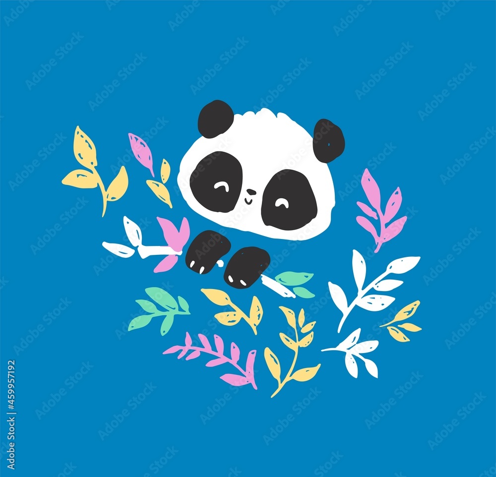 Hand drawn Cute Panda bear and bamboo and leaves fun vector illustration.