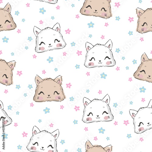 Cute Cat seamless pattern, Hand Drawn kitten Vector Illustration