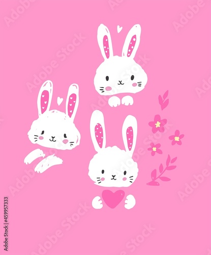 Hand Drawn Cute Bunny pink background  design rabbit  children print on t-shirt. Vector illustration