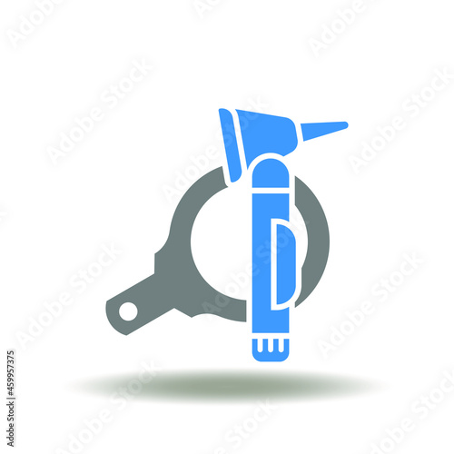 Vector illustration of magnifying glass and otoscope. Symbol of ENT Ear Nose Thoat Research and Examination. Icon of otolaryngology diagnosis.