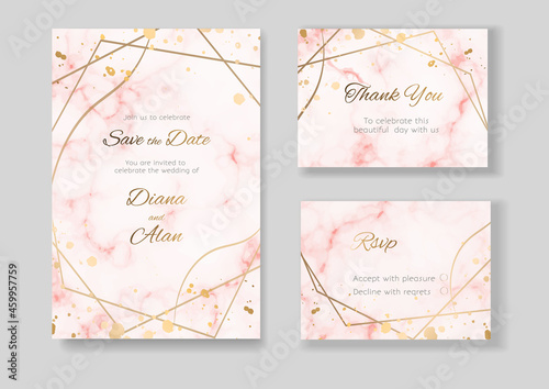Wedding floral invitation gold lines. Pink marble background. Pastel shades. Save the date, thanks. Card design for certificate. Golden lines flowers. Set of vector art templates