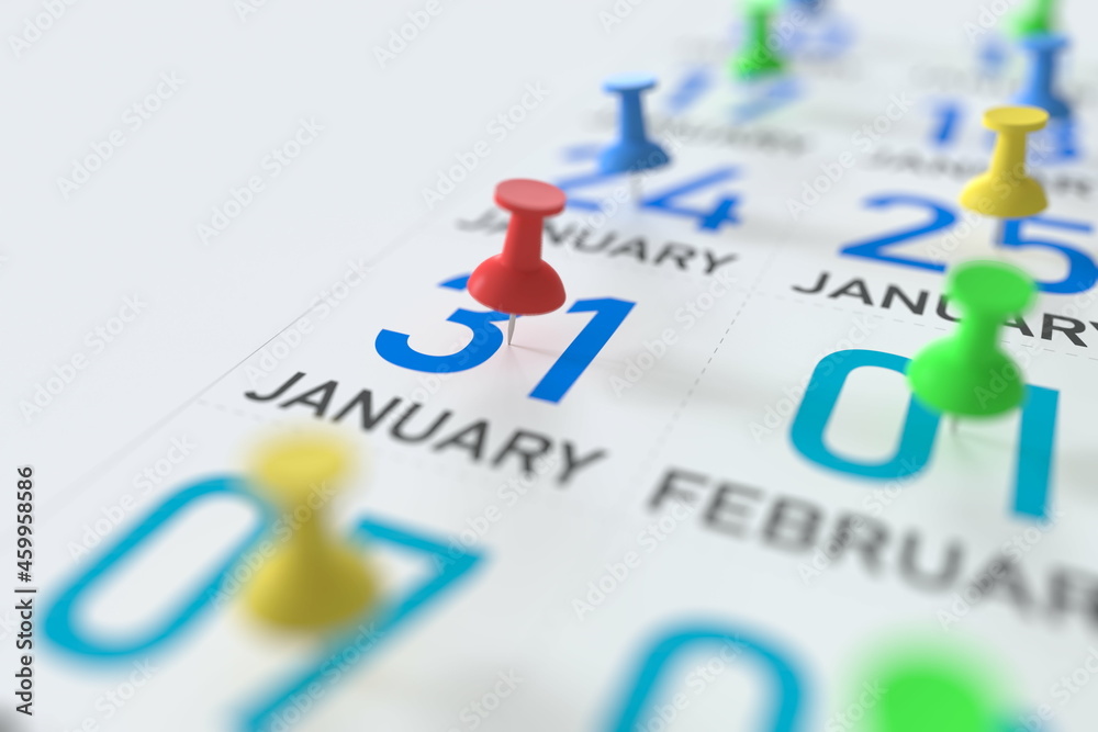 January 31 date and push pin on a calendar, 3D rendering January 31 date and push pin on a calendar, 3D rendering