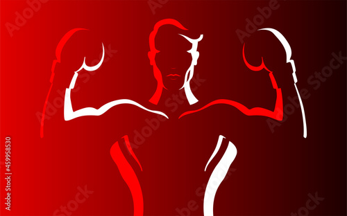 Strong confident boxer man posing on the red-black gradient background, with arms up and boxing gloves on his hands. Professional boxers fashion style closeup portrait, silhouette vector illustration.
