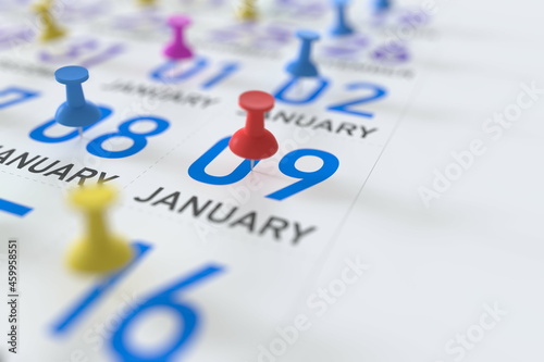 January 9 date marked with a pin calendar, 3D rendering