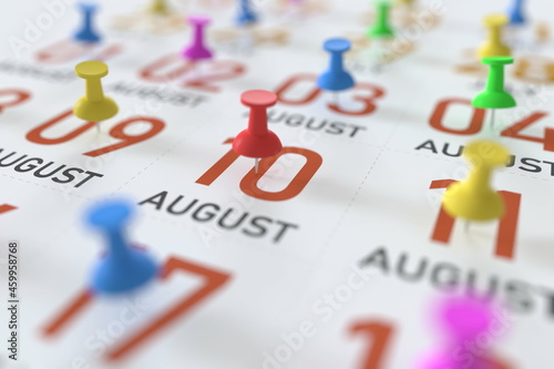 August 10 date and push pin on a calendar, 3D rendering