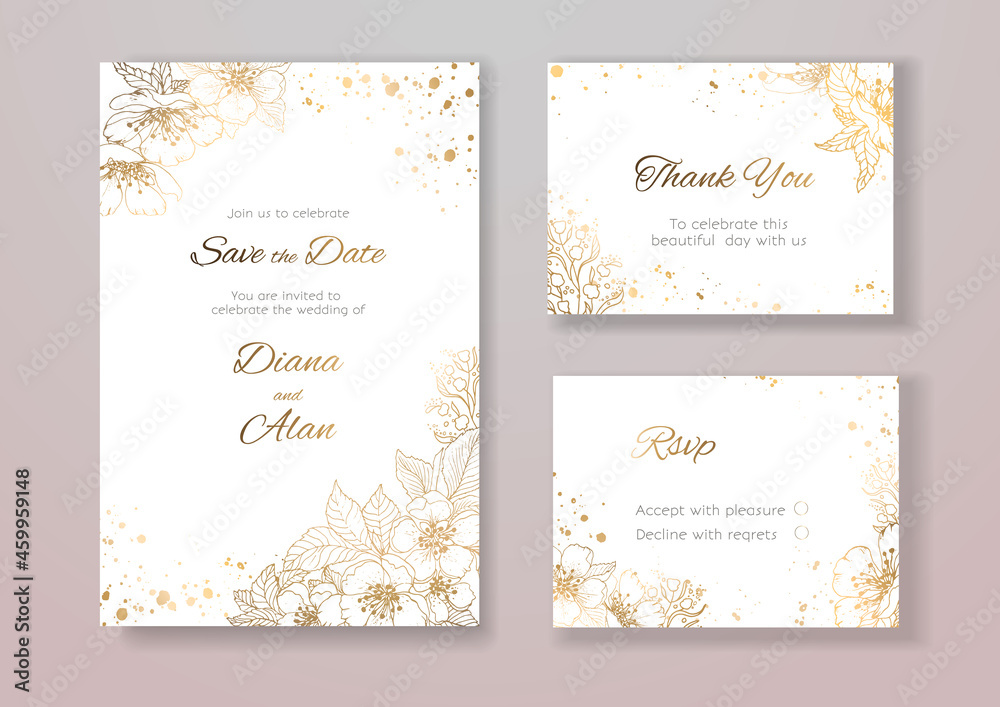 Wedding floral invitation gold lines. Pastel shades. Save the date, thanks. Card design for certificate. Golden pale pink flowers. Set of vector art templates