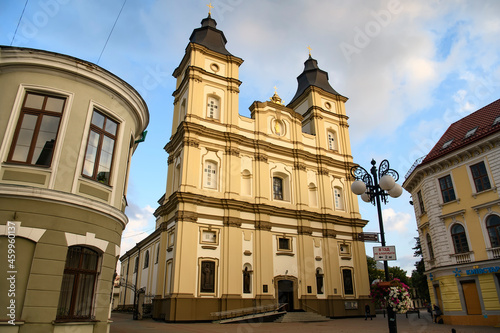 Evening view to Cathedral of the Resurrection of Christ in historic center of Ivano-Frankivsk, Ukraine. September 2021