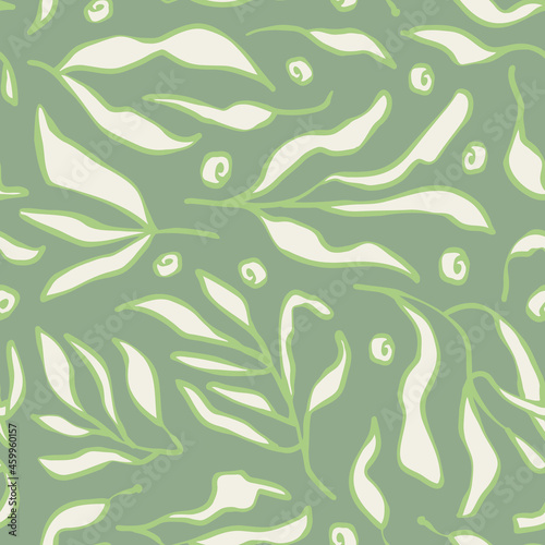 Sage green leaves seamless repeat pattern. Random placed  vector botany plant herbs all over surface print.