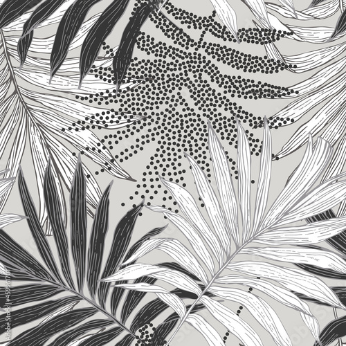 Tropical seamless pattern: dotted sketch palm leaves silhouettes. Jungle vector art.