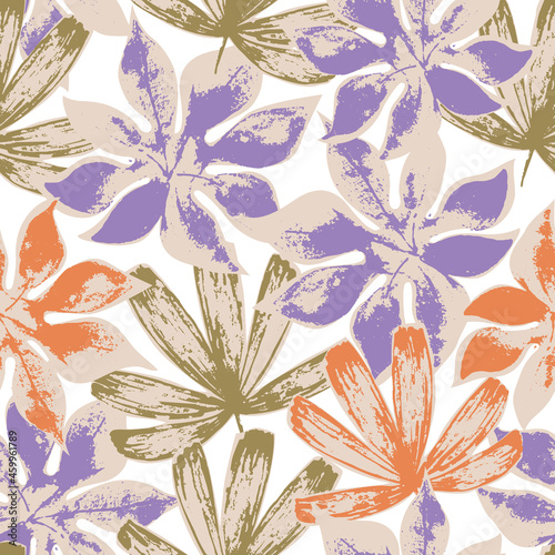 Modern illustration with tropical leaves, rough grunge textures