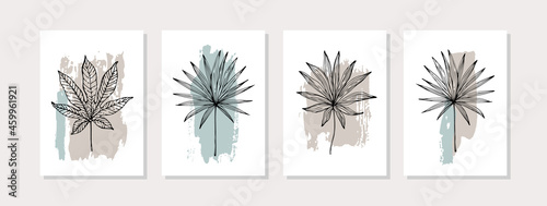 Abstract grunge texture and tropical leaves drawing poster set in 1950s mid century style.
