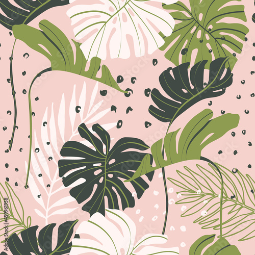 Minimal floral seamless pattern. Abstract monstera and palm leaves on doodle texture background.
