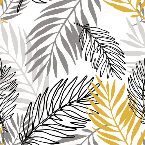 Lush tropics foliage background. Tropical seamless pattern: line sketch palm leaves silhouettes