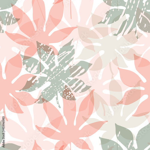 Transparent tropical leaves with grunge texture seamless pattern. Lush tropics foliage background.