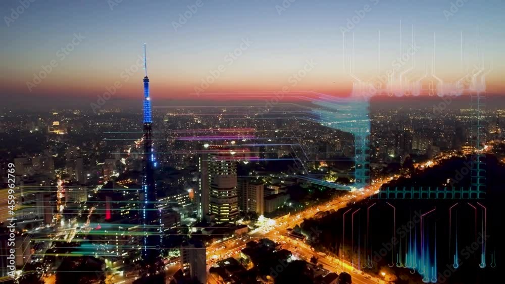 Digital transformation. Data processing. Data security. Futuristic night scape in downtown city with futuristic  digital transformation animated graph. Innovation. Cyber security. Cloud computing.