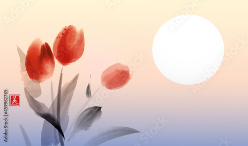 Minimalist ink painting with red tulips on sunrise background. Traditional oriental ink painting sumi-e, u-sin, go-hua. Translation of hieroglyph - beauty