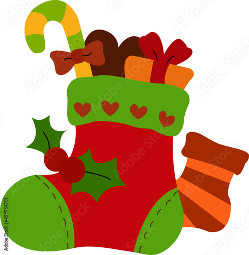 New Year's clothes. Santa Claus boot. Multi-colored sock. Can be used for cards, gifts, holidays. For any web design.