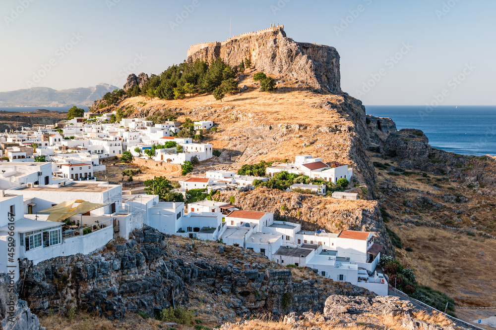 View of the white town of Lindos on Rhodes, Greece