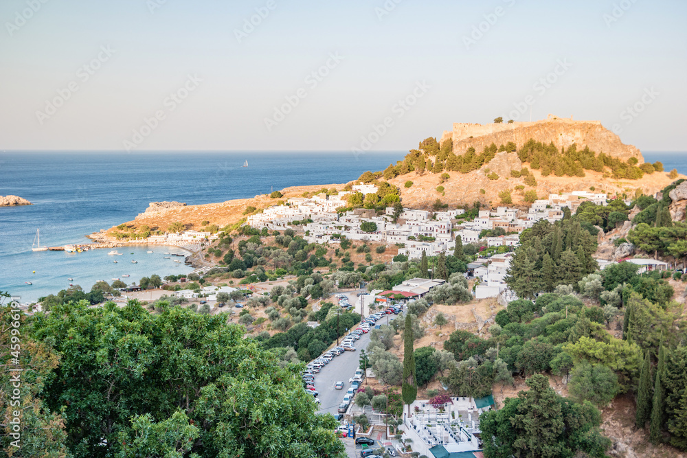 View of the white town of Lindos on Rhodes, Greece