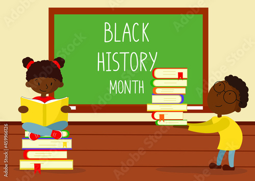 Black history month concept. An illustration of two black students reading books in classroom. Celebrated annually in USA in February and in UK in October. Banner, poster, brochure, flyer template.