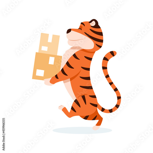 Cartoon smiling tiger delivers parcel boxes isolated on white background. Cute walking wildcat. Chinese symbol of New Year 2022. Orange striped character. Package delivery service vector illustration.